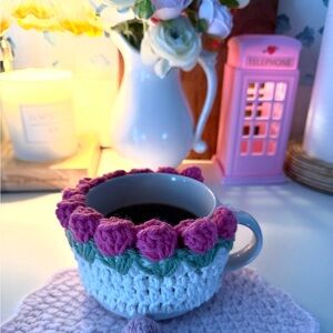Handmade Crochet Floral Mug Cozy Pink & Green Cottagecore Coffee Cup Sleeve